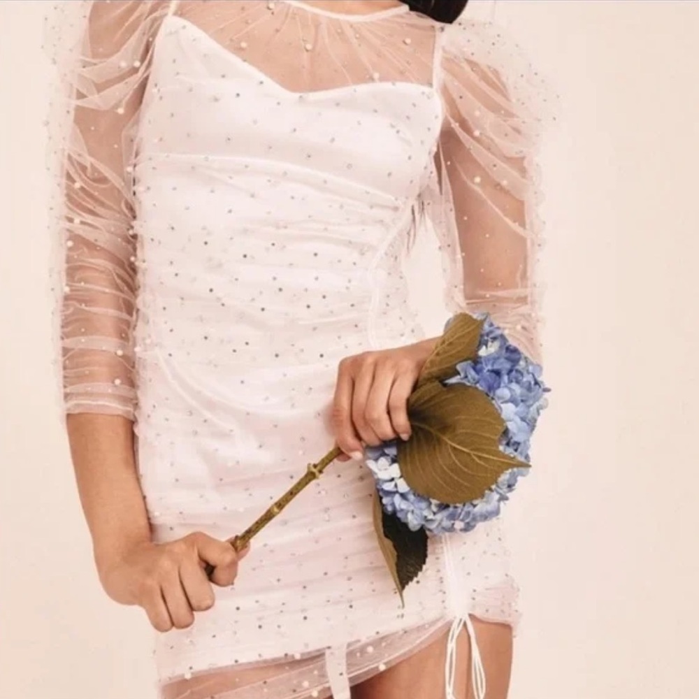 FOR LOVE & LEMONS White Puff Sleeve Sheer Tulle Dress Rhinestone Pearls Sz Med
